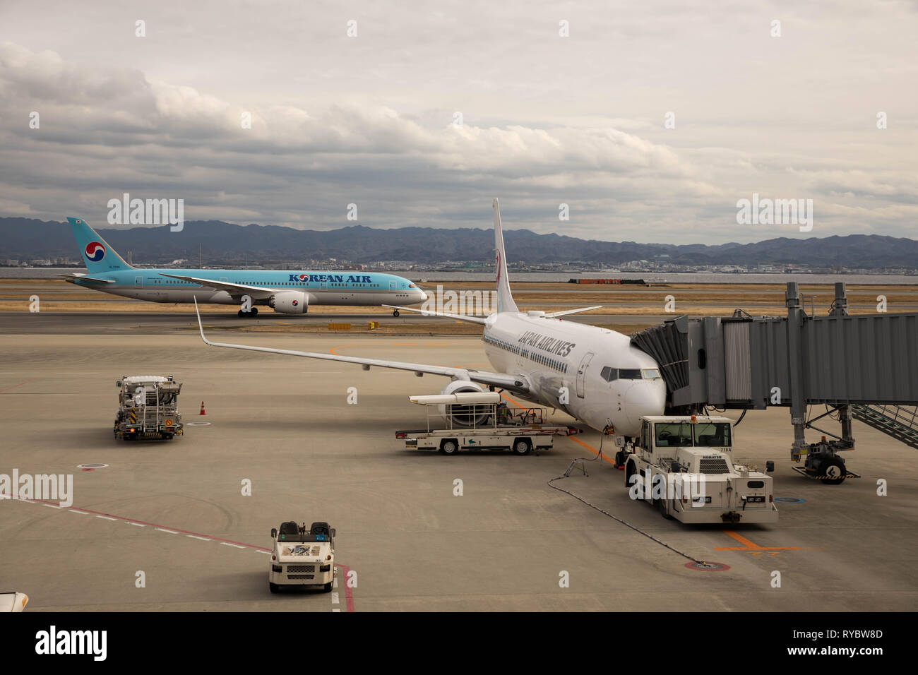Osaka, Japon - février 8, 2019 : Japan Airlines vol dure sur les passagers que Korean Air taxis à l'Aéroport International de Kansai, la région a le plus grand Banque D'Images