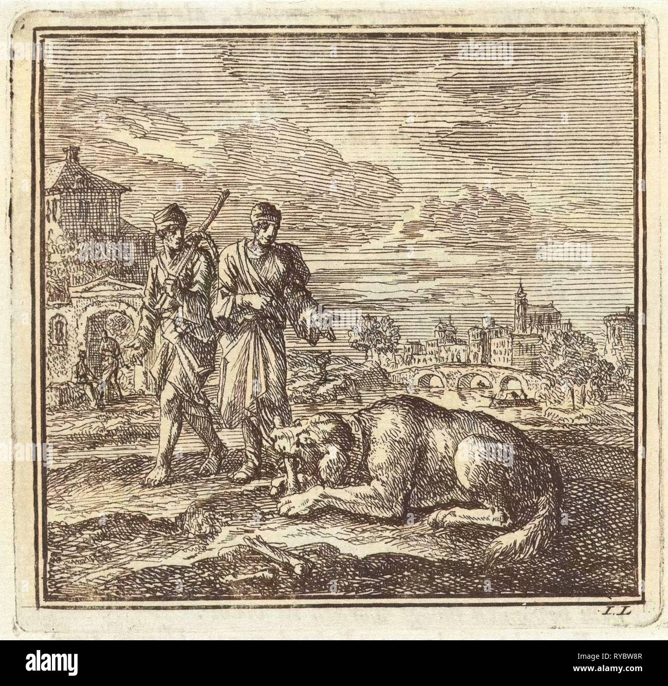 Chien mâchonne off un os, Jan Luyken, mer. Arentsz & Pieter Cornelis van der Sys (II), 1711 Banque D'Images