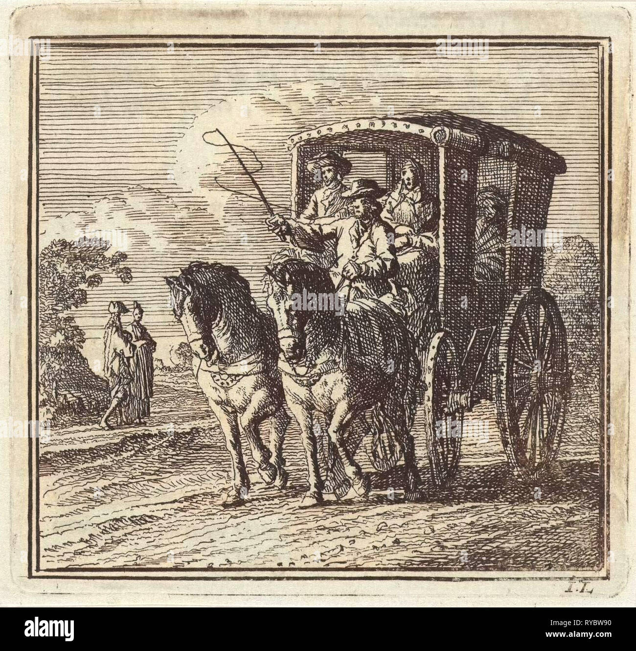 Quatre personnages dans un chariot, imprimer bouilloire : Jan Luyken, mer. Arentsz & Pieter Cornelis van der Sys II, 1711 Banque D'Images