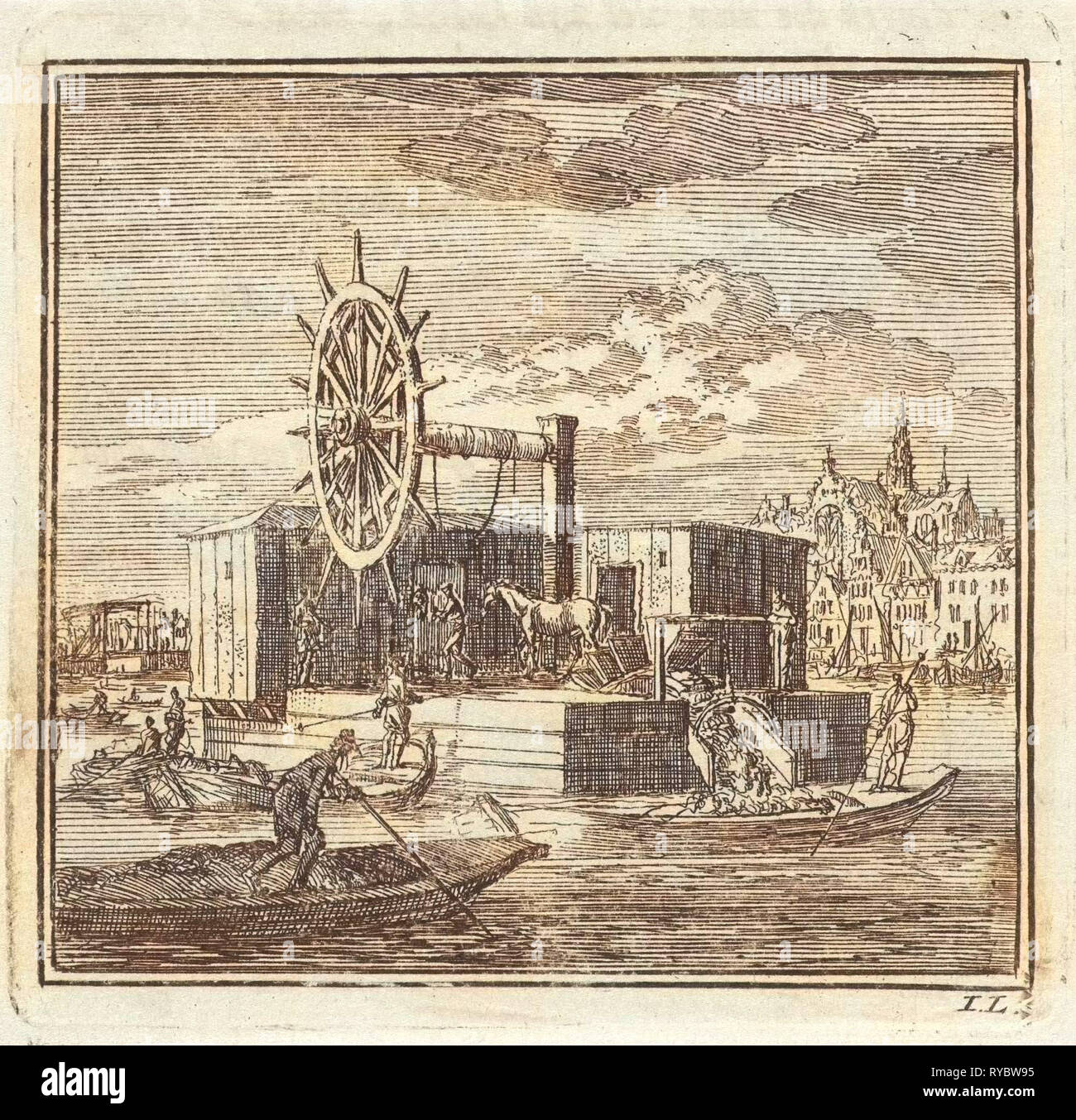 Drague à la périphérie d'une ville, d'impression bouilloire : Jan Luyken, mer. Arentsz & Pieter Cornelis van der Sys II, 1711 Banque D'Images