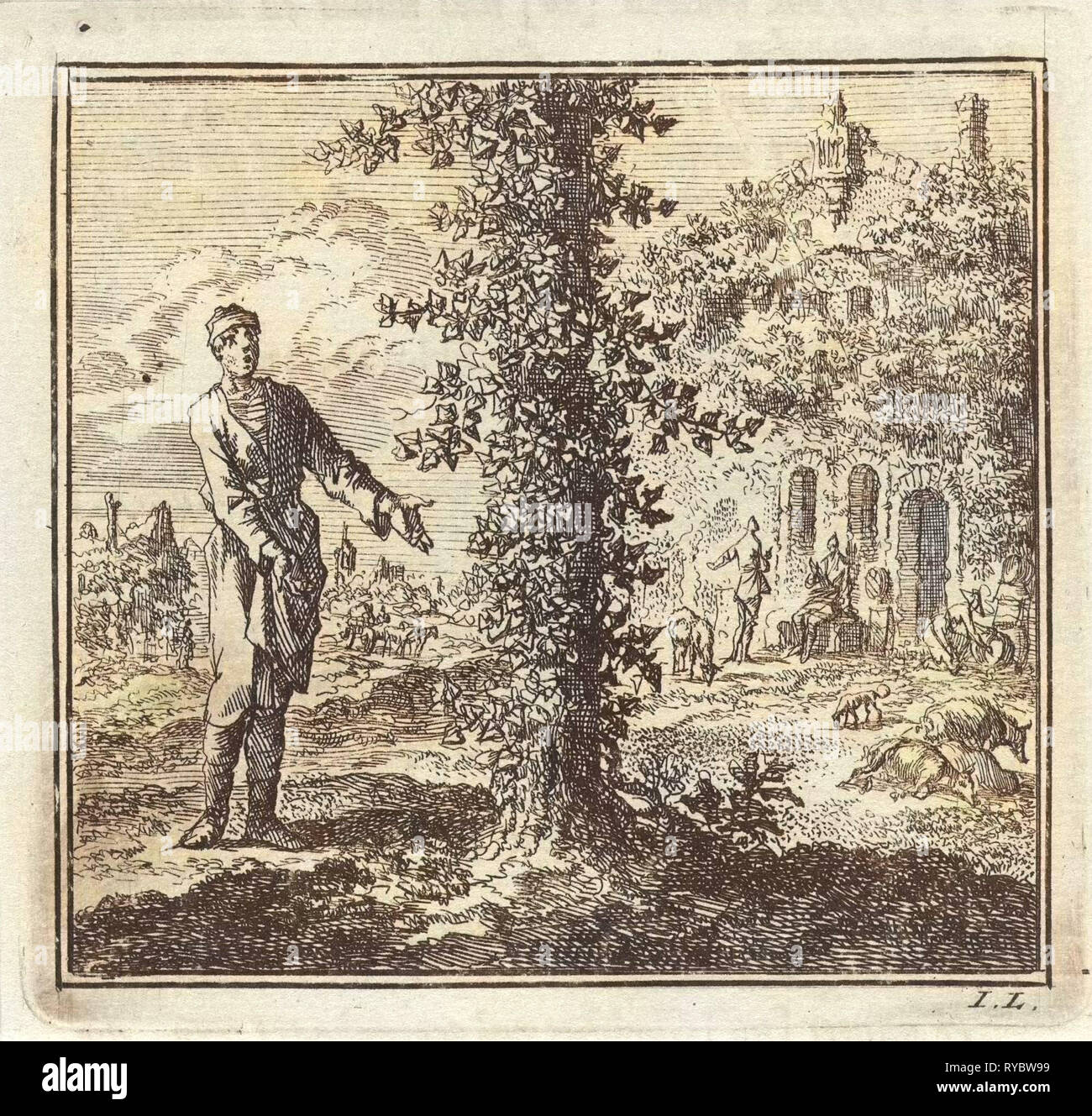 L'homme de l'affichage d'un arbre couvert de lierre, Jan Luyken, mer. Arentsz & Pieter Cornelis van der Sys (II), 1711 Banque D'Images