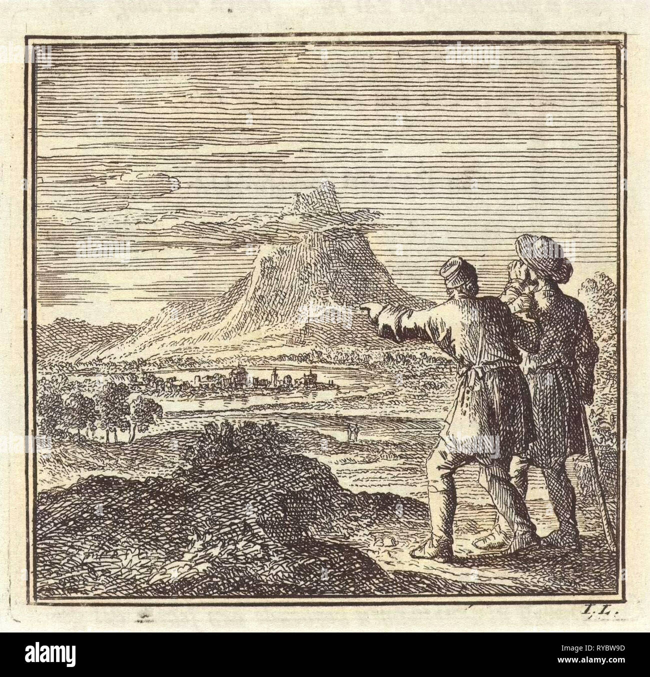 Deux randonneurs à la recherche sur un vaste paysage, Jan Luyken, mer. Arentsz Pieter Cornelis van der Sys II, 1711 Banque D'Images