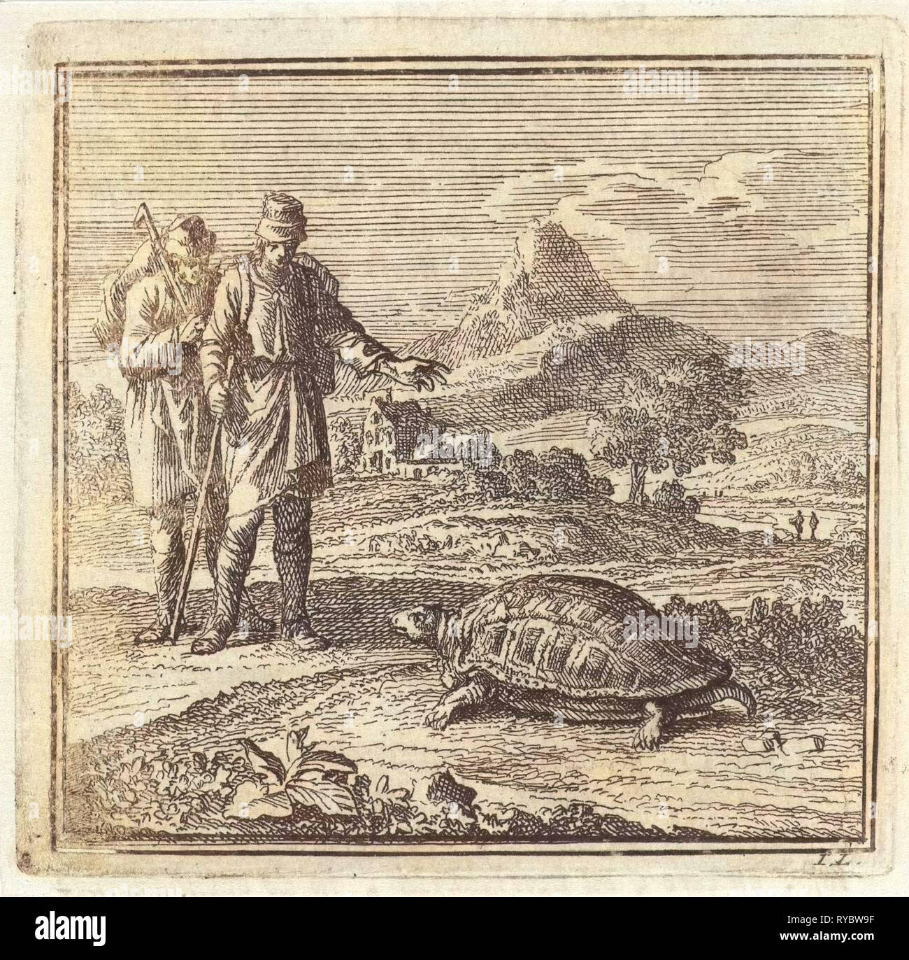 Deux voyageurs admirer une tortue, Jan Luyken, mer. Arentsz & Pieter Cornelis van der Sys (II), 1711 Banque D'Images