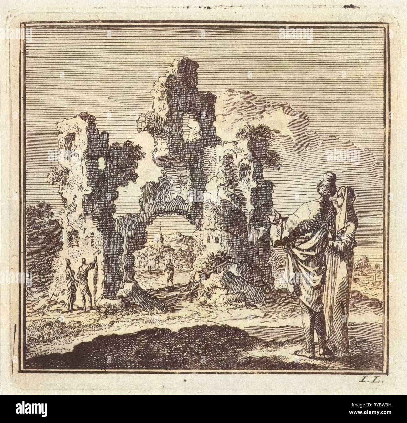 Deux figures regardez les ruines d'un château, Jan Luyken, mer. Arentsz & Pieter Cornelis van der Sys (II), 1711 Banque D'Images