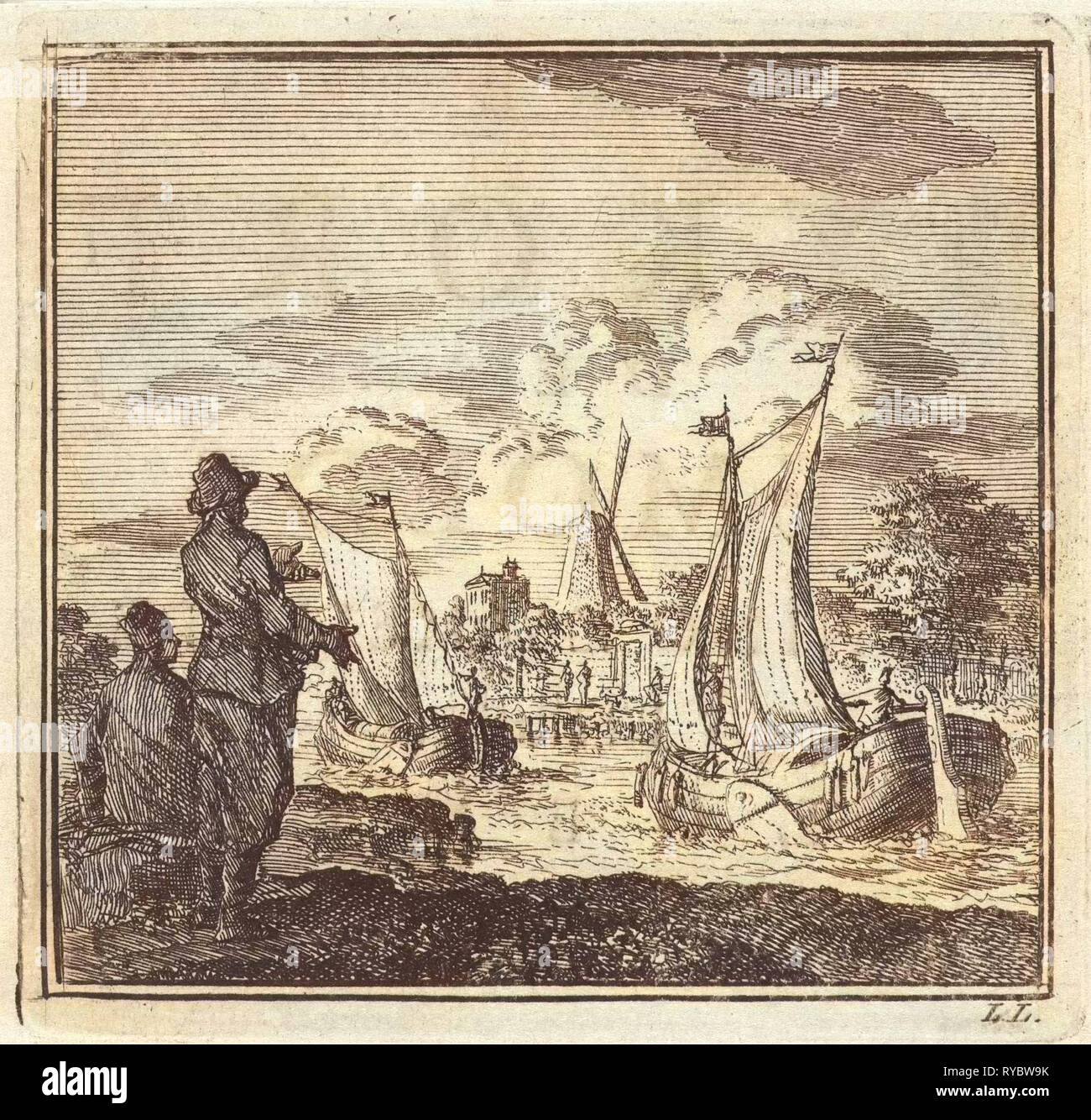 Deux hommes regardant les bateaux à voile, Jan Luyken, mer. Arentsz & Pieter Cornelis van der Sys (II), 1710 Banque D'Images