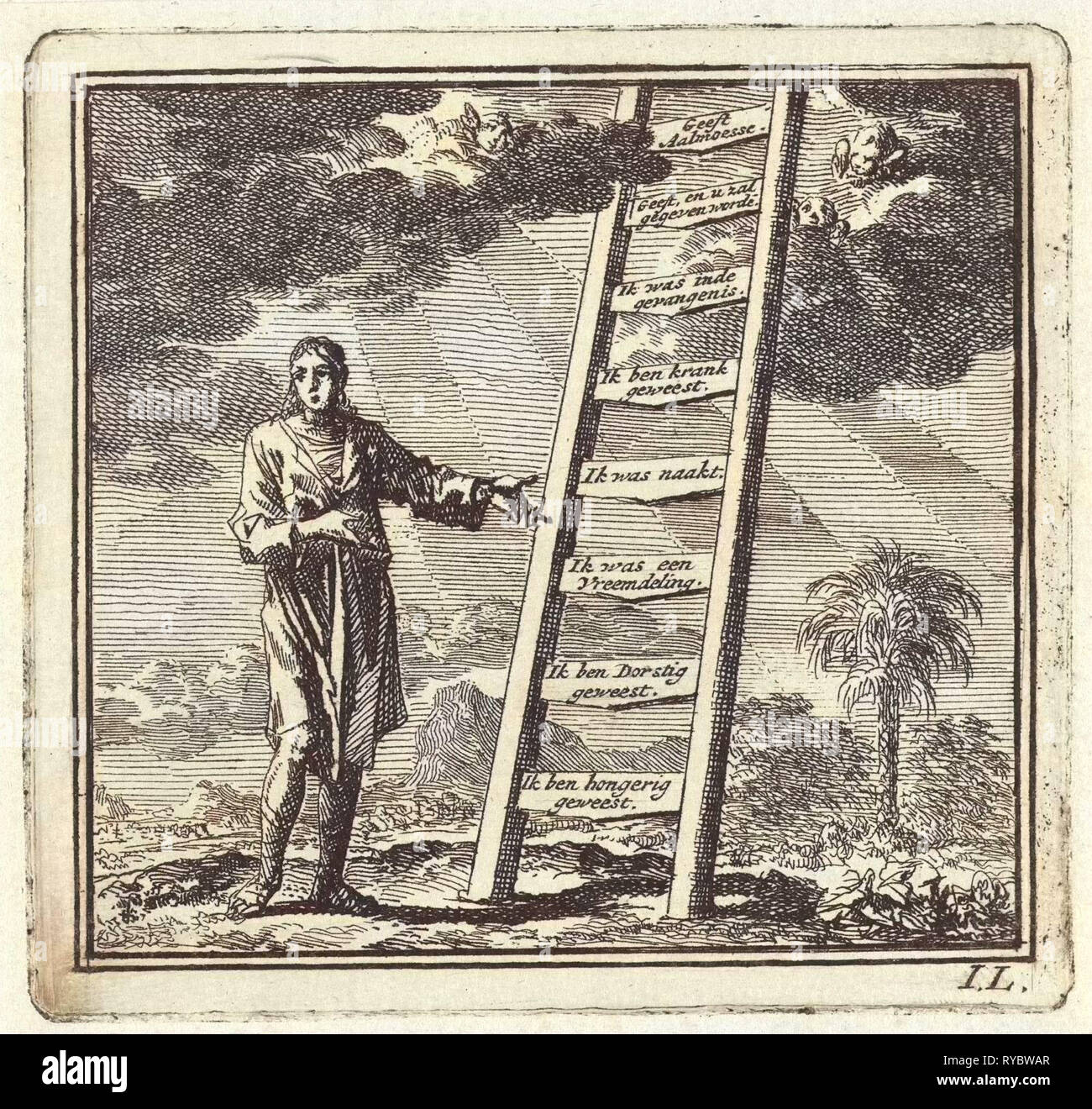 Points à l'homme d'une échelle pour atteindre le ciel, Jan Luyken, mer. Arentsz & Pieter Cornelis van der Sys (II), 1710 Banque D'Images