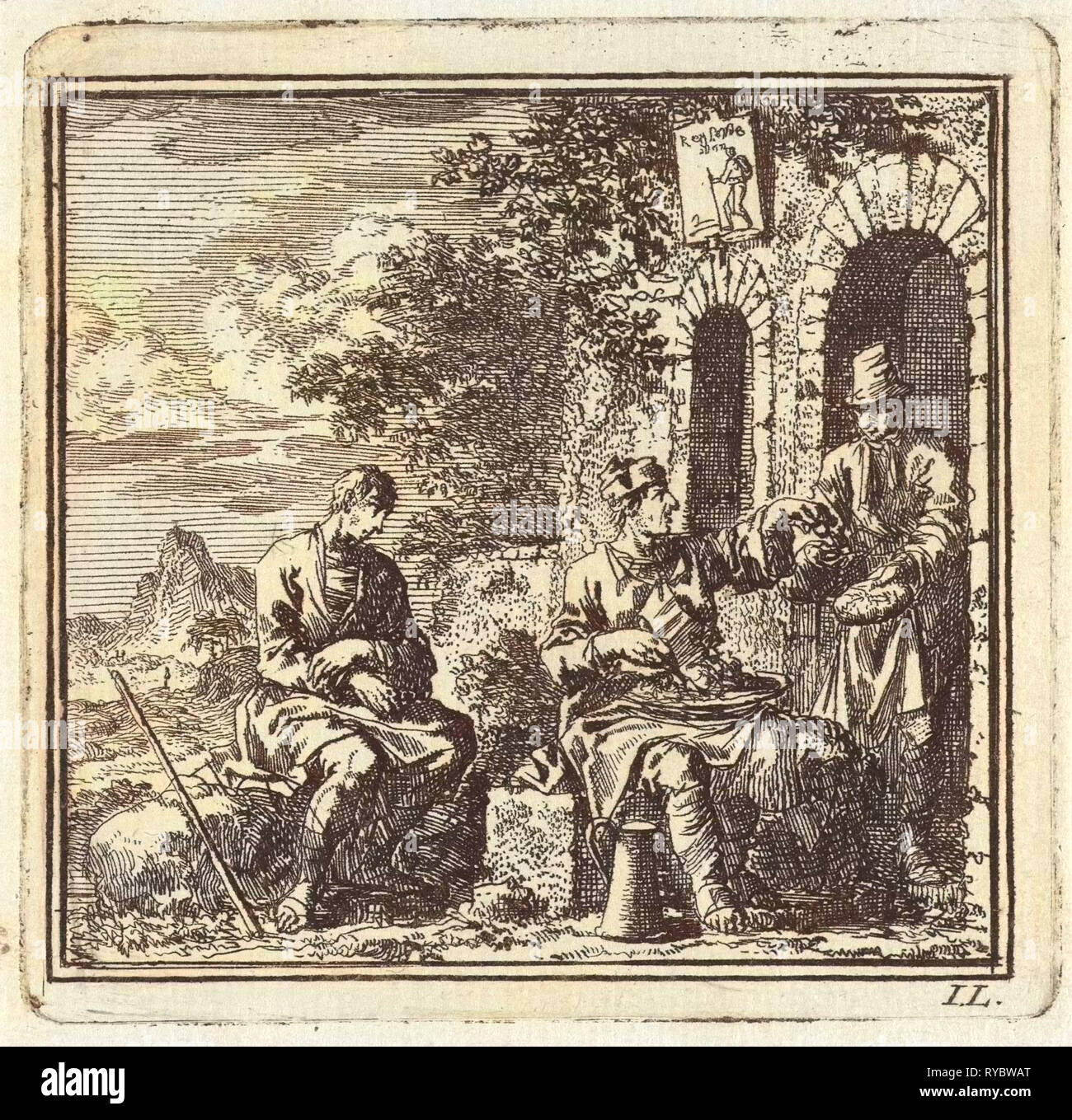 Homme qui ne partage pas sa nourriture avec un ami, imprimer bouilloire : Jan Luyken, mer. Arentsz & Pieter Cornelis van der Sys II, 1710 Banque D'Images