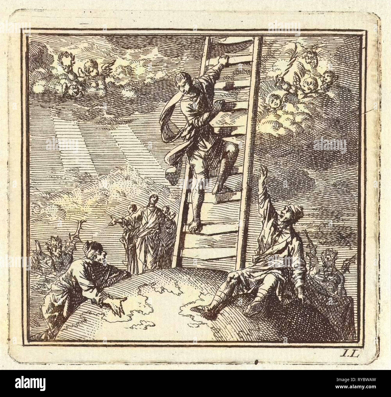 L'homme grimpe sur une échelle pour le ciel, Jan Luyken, mer. Arentsz & Pieter Cornelis van der Sys (II), 1710 Banque D'Images