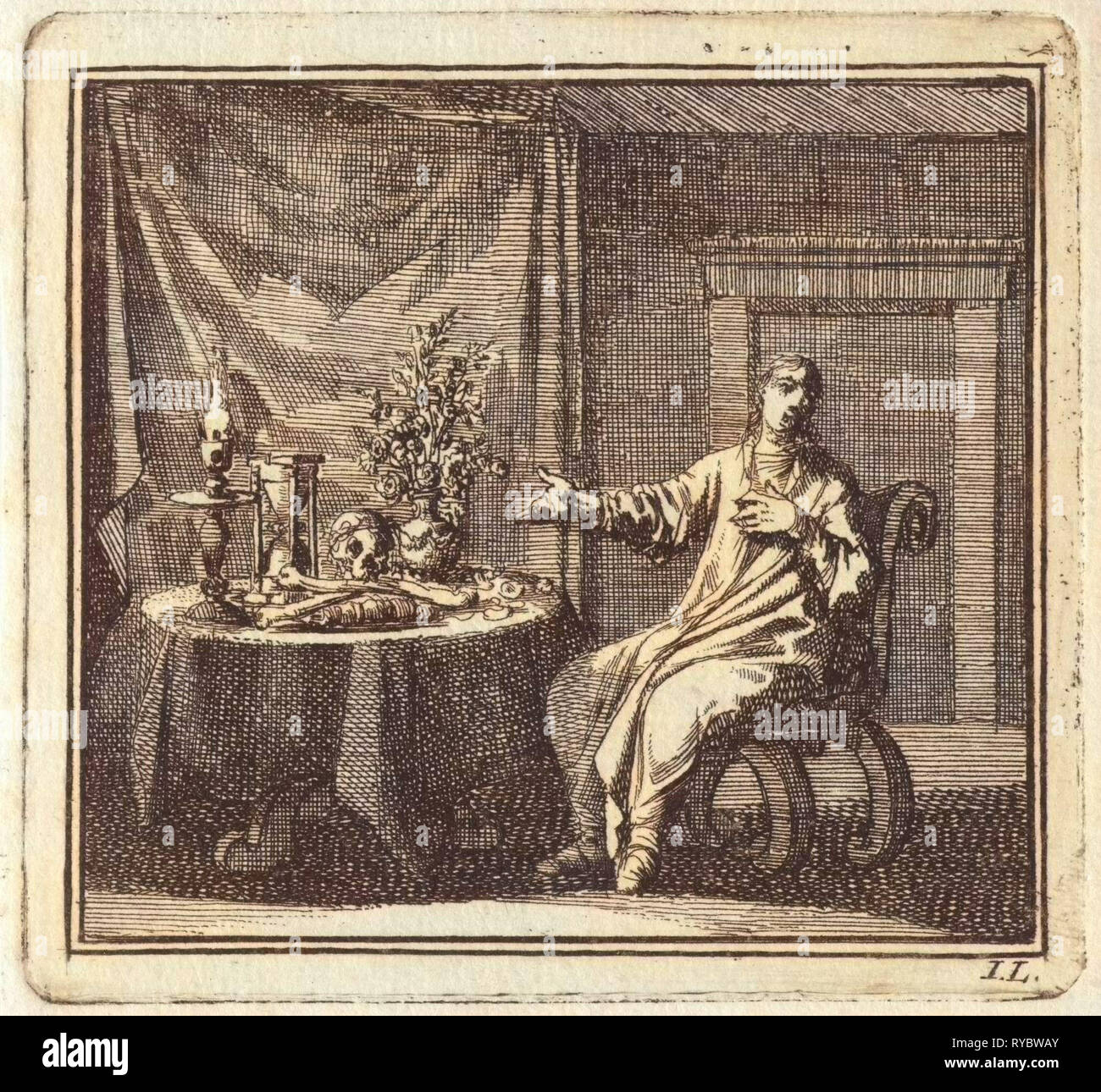 Femme pointant sur la vanité des symboles sur la table devant elle, Jan Luyken, mer. Arentsz & Pieter Cornelis van der Sys II, 1710 Banque D'Images