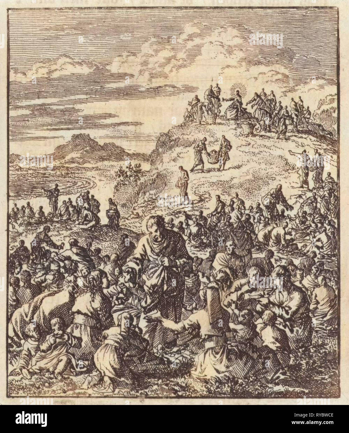 Donner du pain apôtres à la foule, le Christ sur le sommet d'une montagne, Jan Luyken, Jan Rieuwertsz. II, Barent Visscher, 1706 Banque D'Images