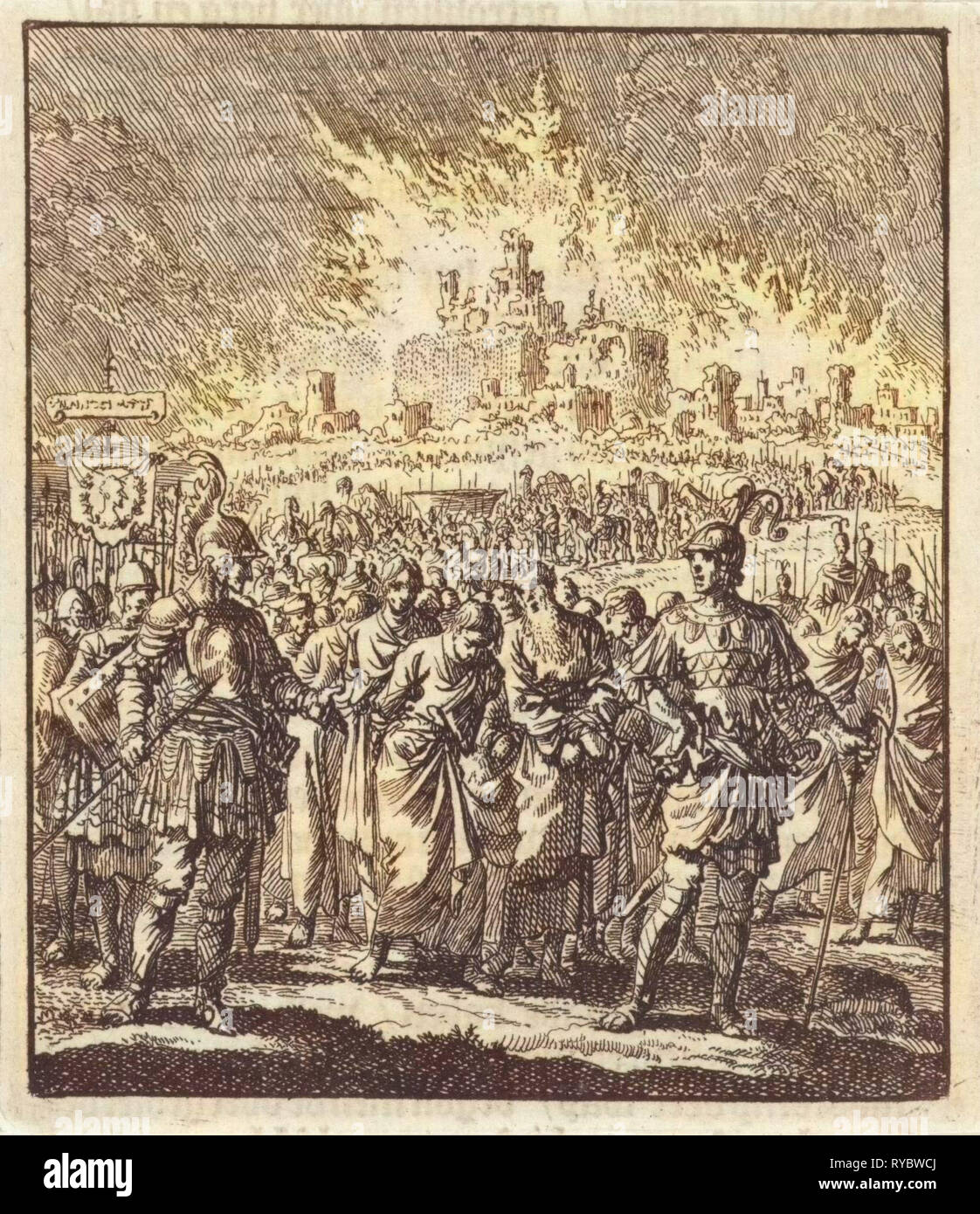Israélites quitter Jérusalem, qui est en train de brûler, imprimer bouilloire : Jan Luyken, Jan Rieuwertsz. II, Barent Visscher, 1706 Banque D'Images
