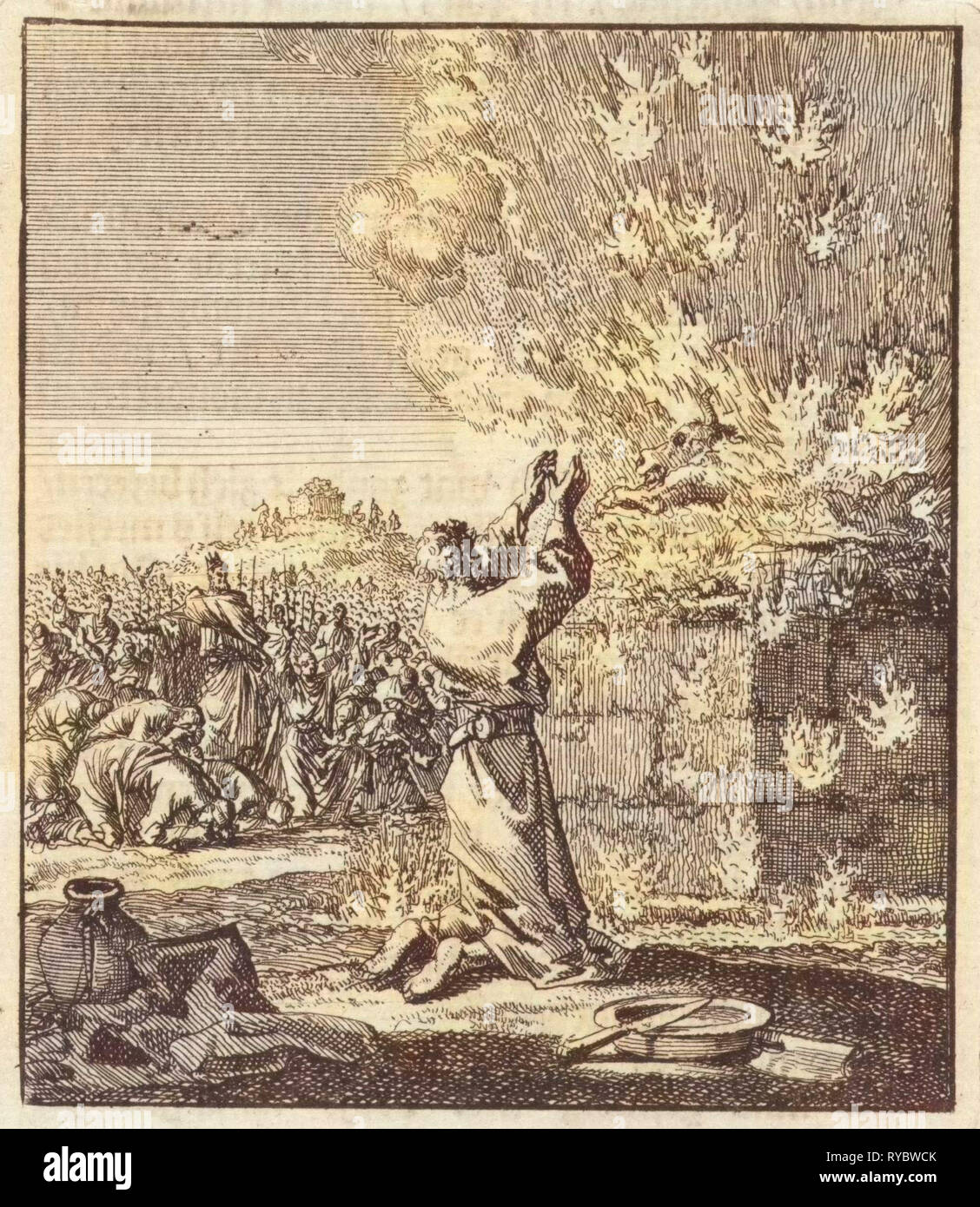 Elia s'agenouille devant le sacrifice de gravure, Jan Luyken, Jan Rieuwertsz. (II), Barent Visscher, 1706 Banque D'Images