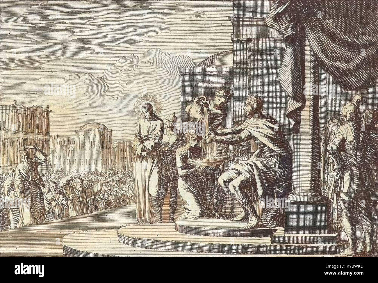 Pilate se lave les mains dans l'innocence, imprimer bouilloire : Jan Luyken, Pieter Mortier, 1703 - 1762 Banque D'Images