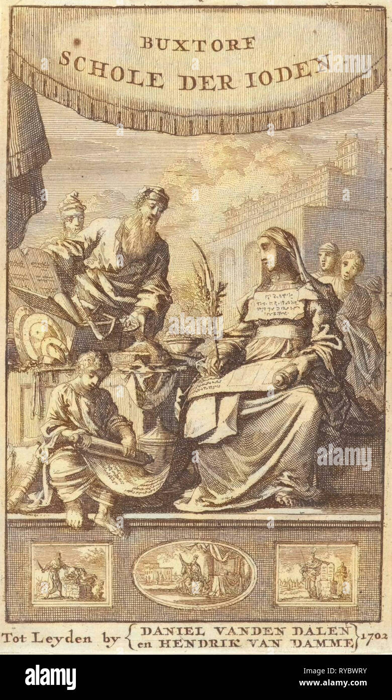 Femme avec branche de palmier apprend sur le judaïsme, Jan Luyken, Daniel van den Dalen, Hendrik van Damme, 1702 Banque D'Images