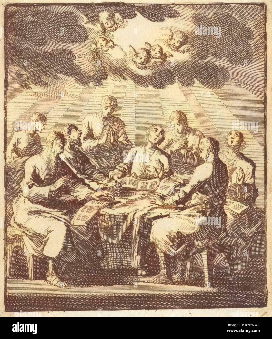 Huit hommes chantant autour d'une table, Jan Luyken, Jan Huygen, Jacobus van Hardenberg, 1700 Banque D'Images