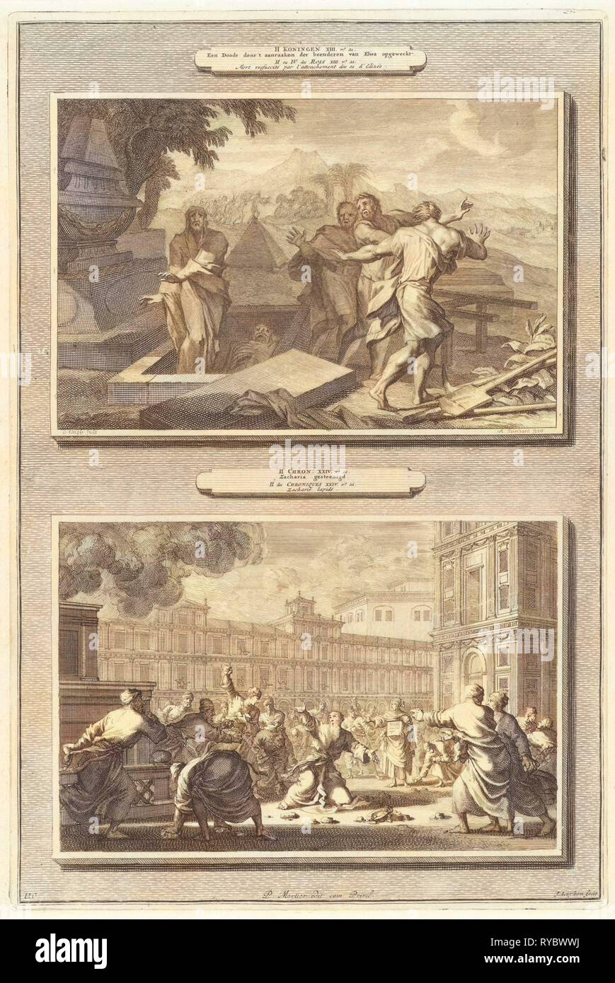 Les os d'Elisée faire un homme décédé viennent à la vie et la lapidation du prophète Zacharie, Jan Luyken, Andreas Reinhard (I), Pieter Mortier, 1700 Banque D'Images