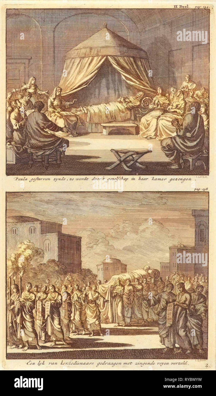 La sainte Paula sur son lit de mort et la sainte Paula qui est transportée vers sa tombe, imprimer bouilloire : Jan Luyken, Jacobus van Hardenberg, Barent Visscher, 1701 Banque D'Images