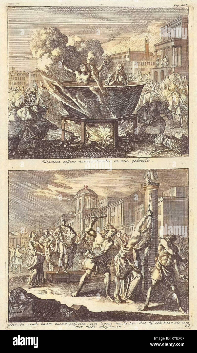 La Sainte Eulampia et son frère sont bouillis vivants dans de l'huile et le Martyre de Saint Rufina Rome, Jan Luyken, Barent Visscher, Jacobus van Hardenberg, 1700 Banque D'Images