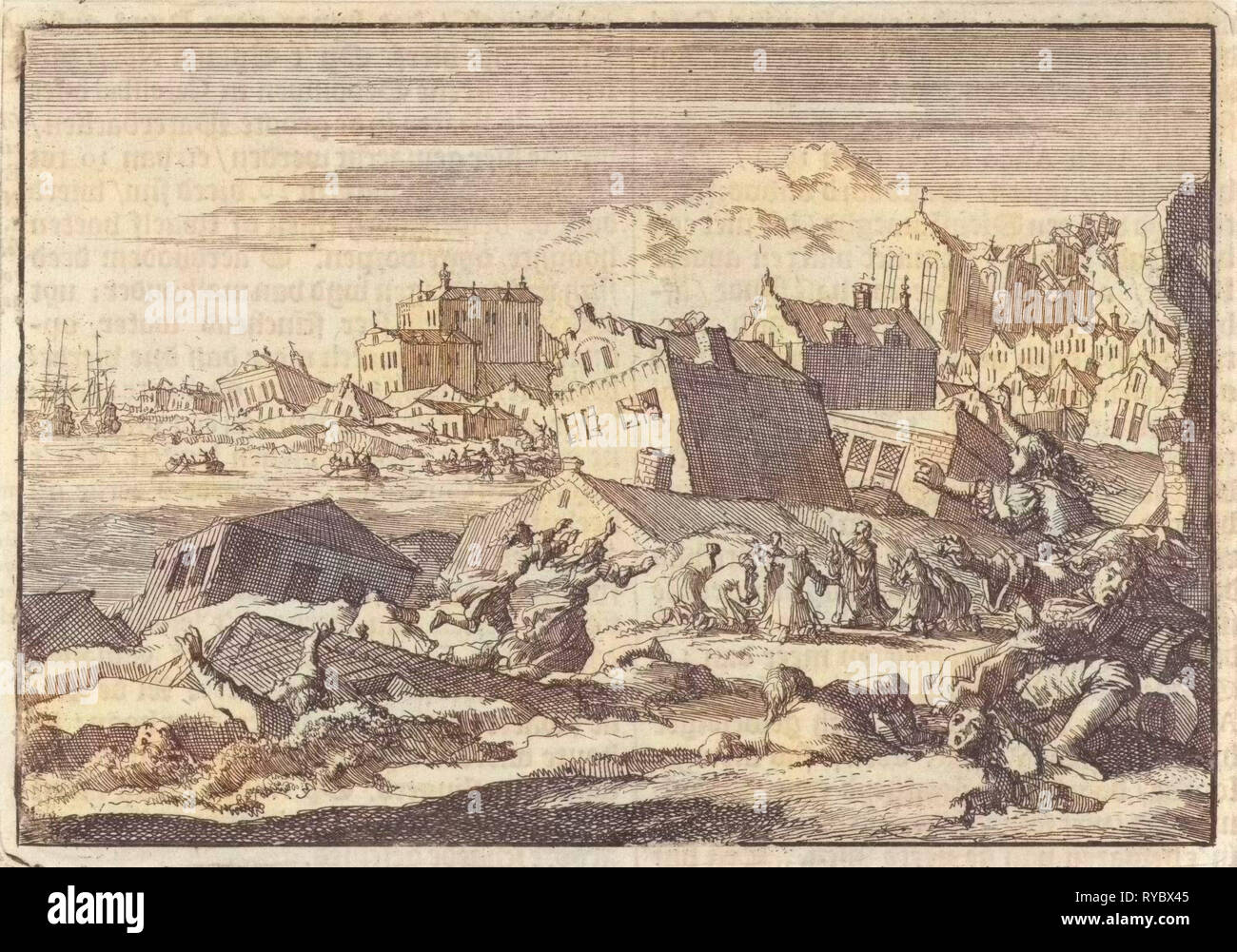 Séisme en Jamaïque où la ville Port Royal est détruit, 1615, Jan Luyken, Pieter van der Aa I, 1698 Banque D'Images