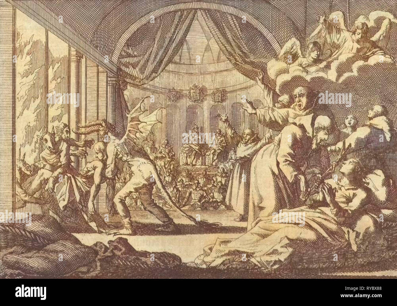 Performance théâtrale satirique donné par le roi Philippe IV d'Espagne à son invité Charles I d'Angleterre, 1623, Jan Luyken, Pieter van der Aa (I), 1698 Banque D'Images