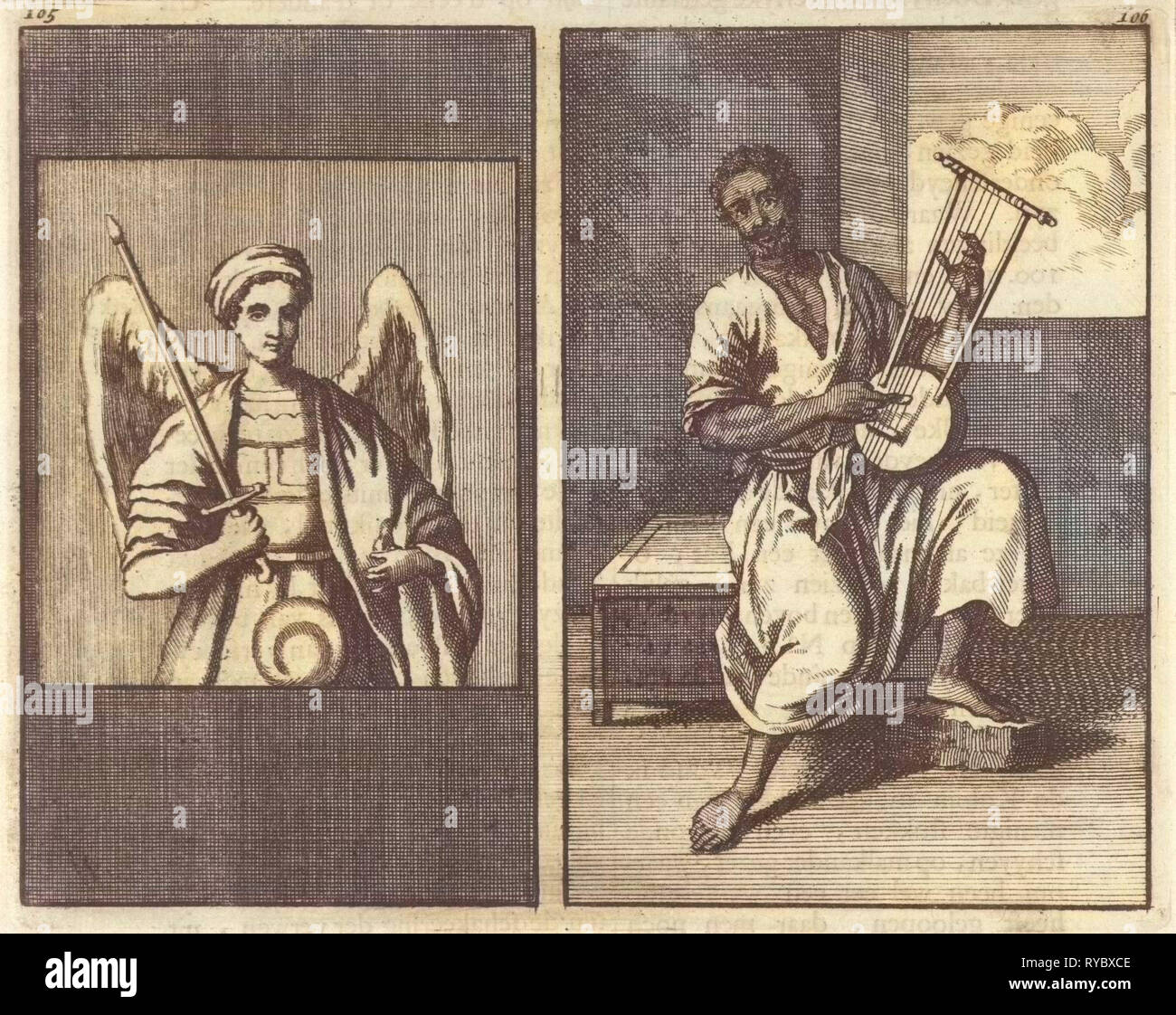 Ange avec l'épée, Moor joue cinq instruments à cordes, Jan Luyken, 1698 Banque D'Images