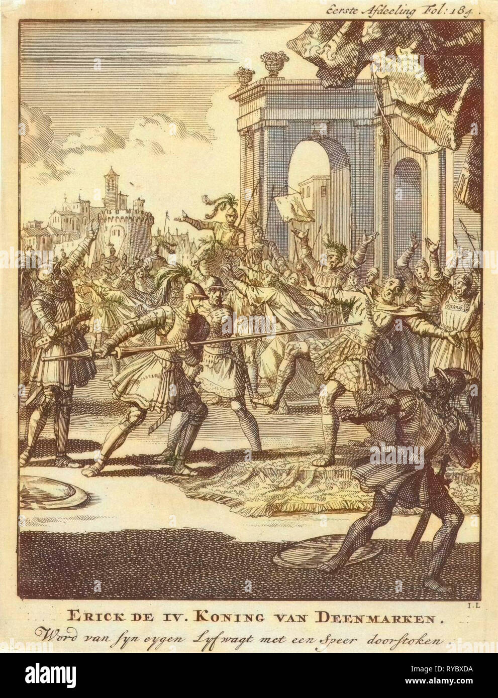 Éric IV DE Danemark percé par sa propre garde du corps avec une lance, 1250, Jan Luyken, Jan Claesz dix Hoorn, 1698 Banque D'Images
