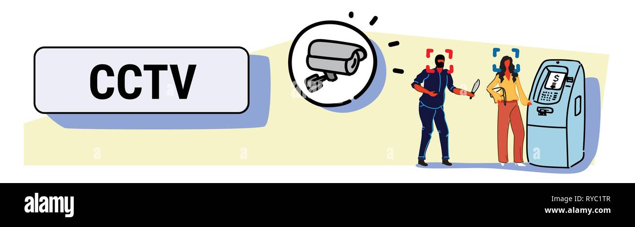 L'enregistrement de caméra voleur masqué avec dangereux couteau voleur attaque femme retirer de l'argent de surveillance d'alarme de sécurité du système ATM sketch Illustration de Vecteur
