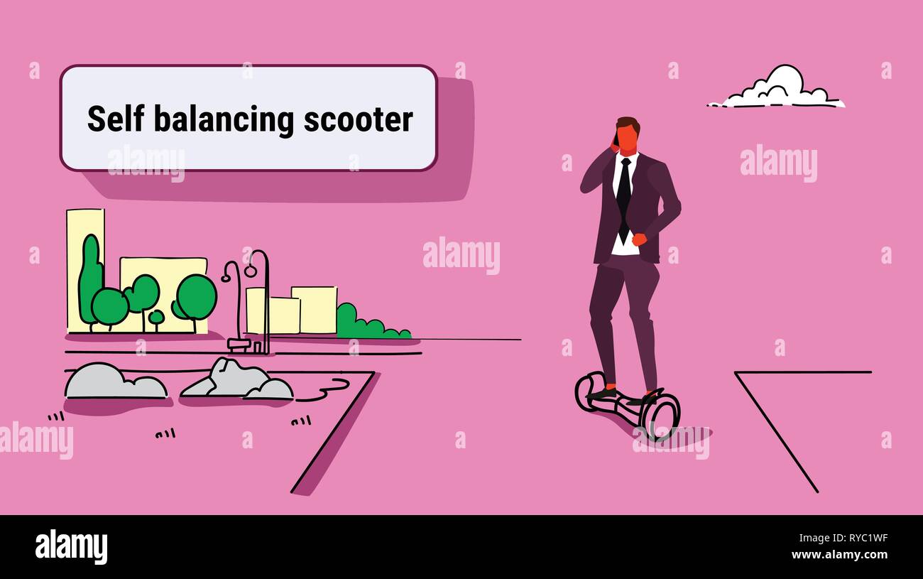 Businessman riding scooter électrique business man male office worker smartphone concept eco transport urbain ville paysage parc doodle croquis Illustration de Vecteur