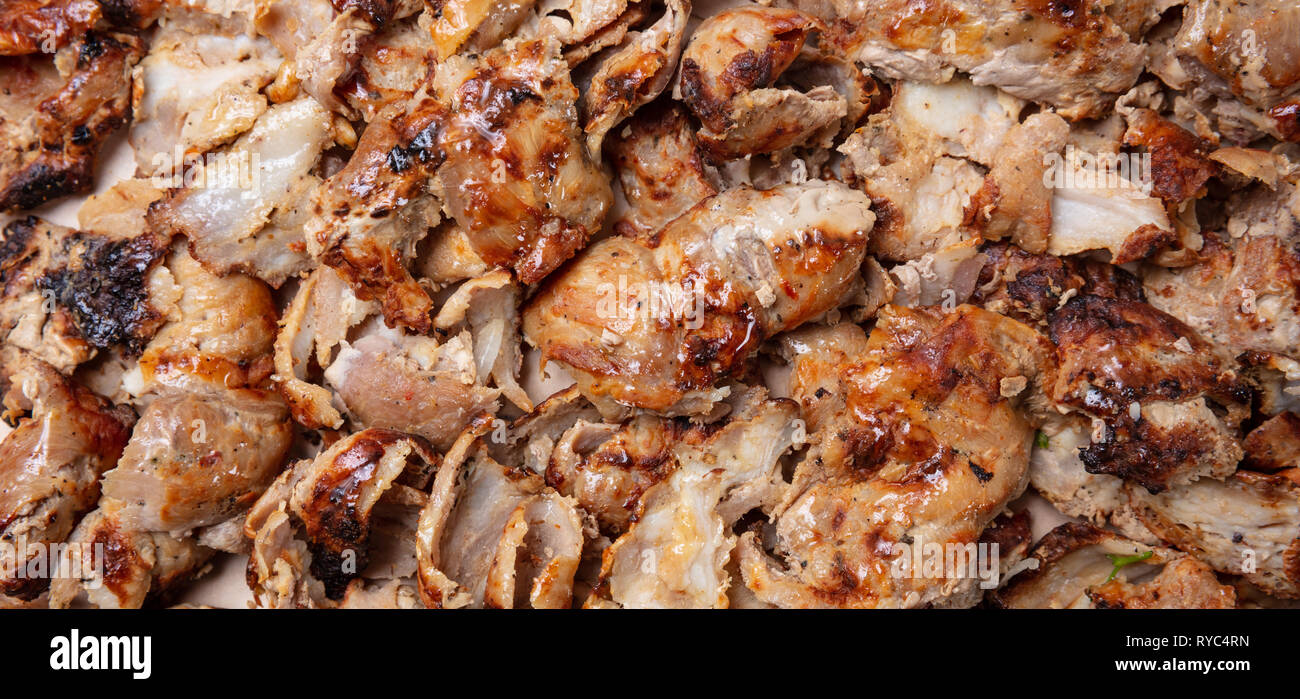 Les gyros shawarma arrière-plan. Le turc, le grec traditionnel, de la viande, la bannière vue rapprochée Banque D'Images