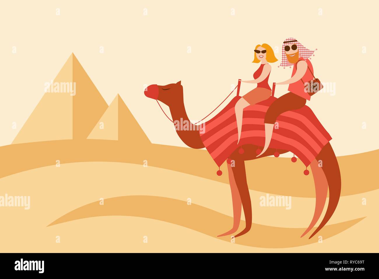 Couple de touristes cyclistes chameau dans le désert sur l'Egypte pyramides illustration vectorielle d'arrière-plan. Femme et homme portant un foulard pour s'asseoir sur le camel bac Illustration de Vecteur