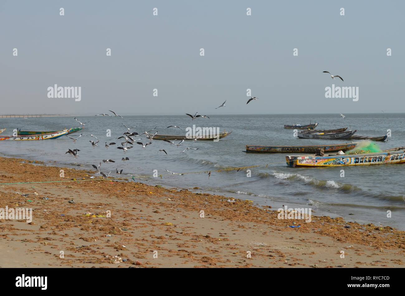 Pirogues artisanales à la plage de Djiffère, Sénégal Banque D'Images