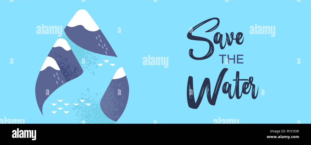 Journée mondiale de l'illustration de la bannière web blue mountain river à l'intérieur de waterdrop. Concept de soins à l'environnement pour le changement climatique et la fonte des pôles awa Illustration de Vecteur