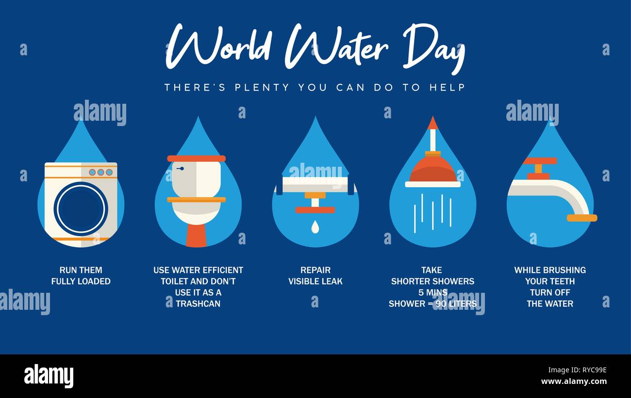 La Journée mondiale de l'eau infographie illustration avec l'information sur les soins d'eau de la maison. Salle de bains, tuyaux et les eaux courantes des activités pour Illustration de Vecteur