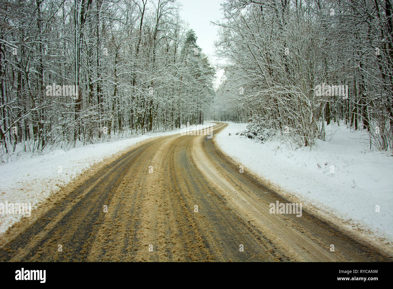 Le sable mélangé avec de la neige sur une route sinueuse à travers la forêt - vue d'hiver Banque D'Images