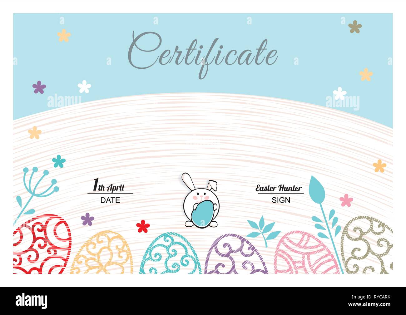 Easter Bunny bleu blanc avec certificat, oeufs d'ornement multicolore Illustration de Vecteur