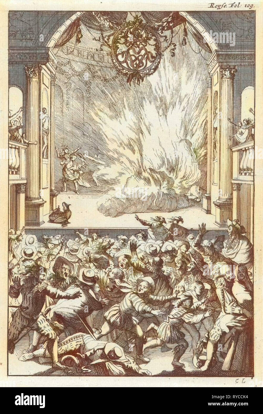 Un feu intense sur scène, Caspar Luyken, Willem Broedelet, 1696 Banque D'Images Un feu intense sur scène, Caspar Luyken, Willem Broedelet, 1696 Banque D'Images