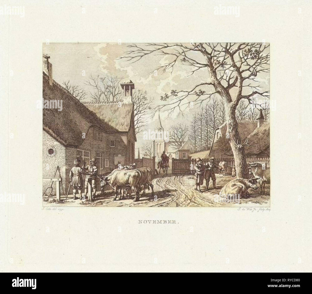 Négocier les agriculteurs près de boeufs dans un village, imprimer bouilloire : Izaak Jansz. de Wit, 1807, Jacob Cats, 1741-1799 Banque D'Images