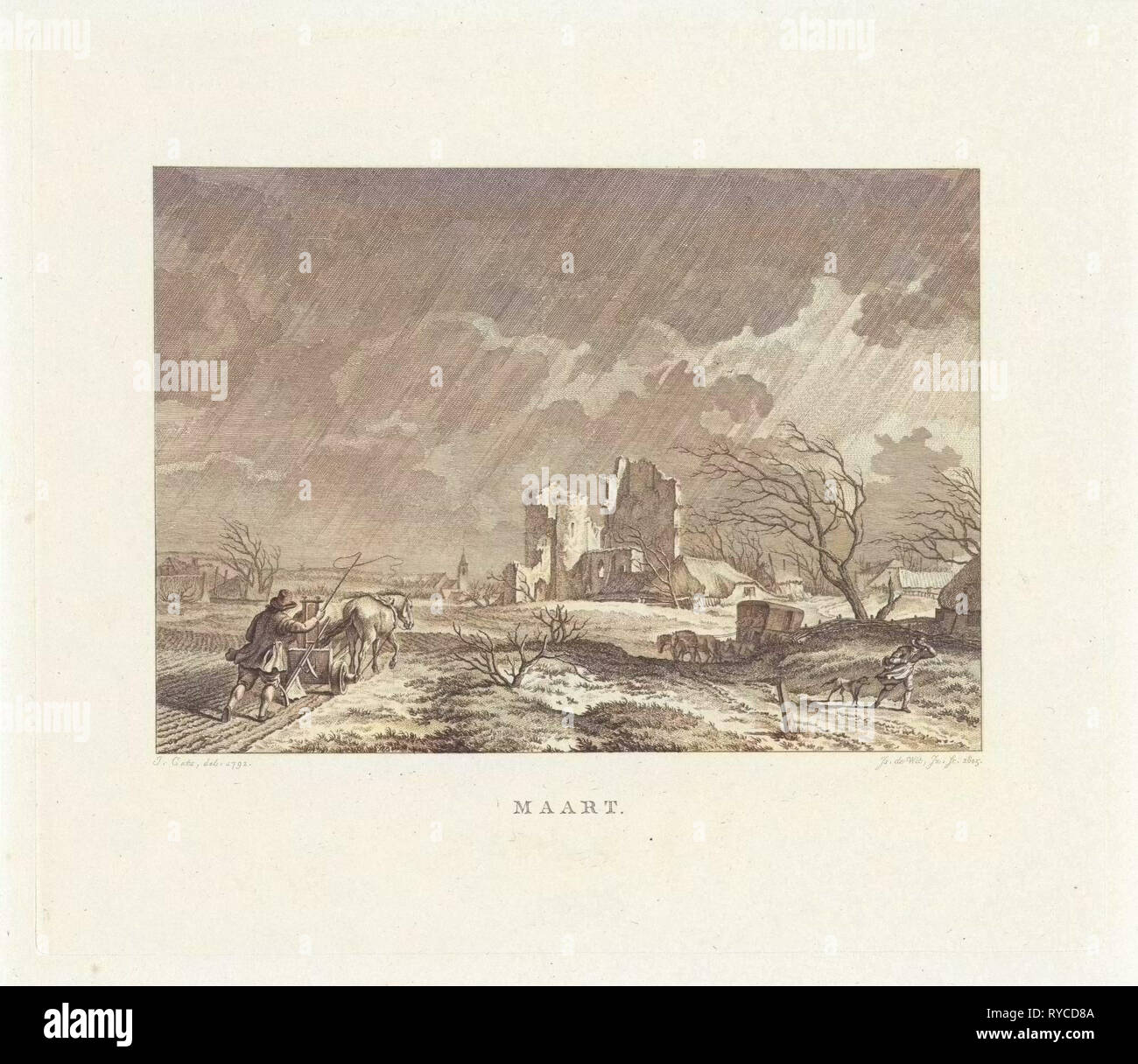 Paysage avec ruines et un agriculteur labourant sous la pluie, Izaak Jansz. de Wit, 1805 Banque D'Images