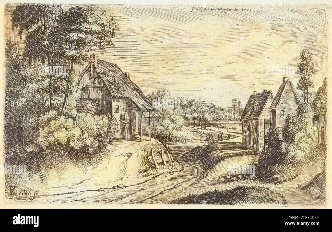 Paysage avec deux fermes le long d'une route, Lodewijk De Vadder, 1615 - 1655 Banque D'Images