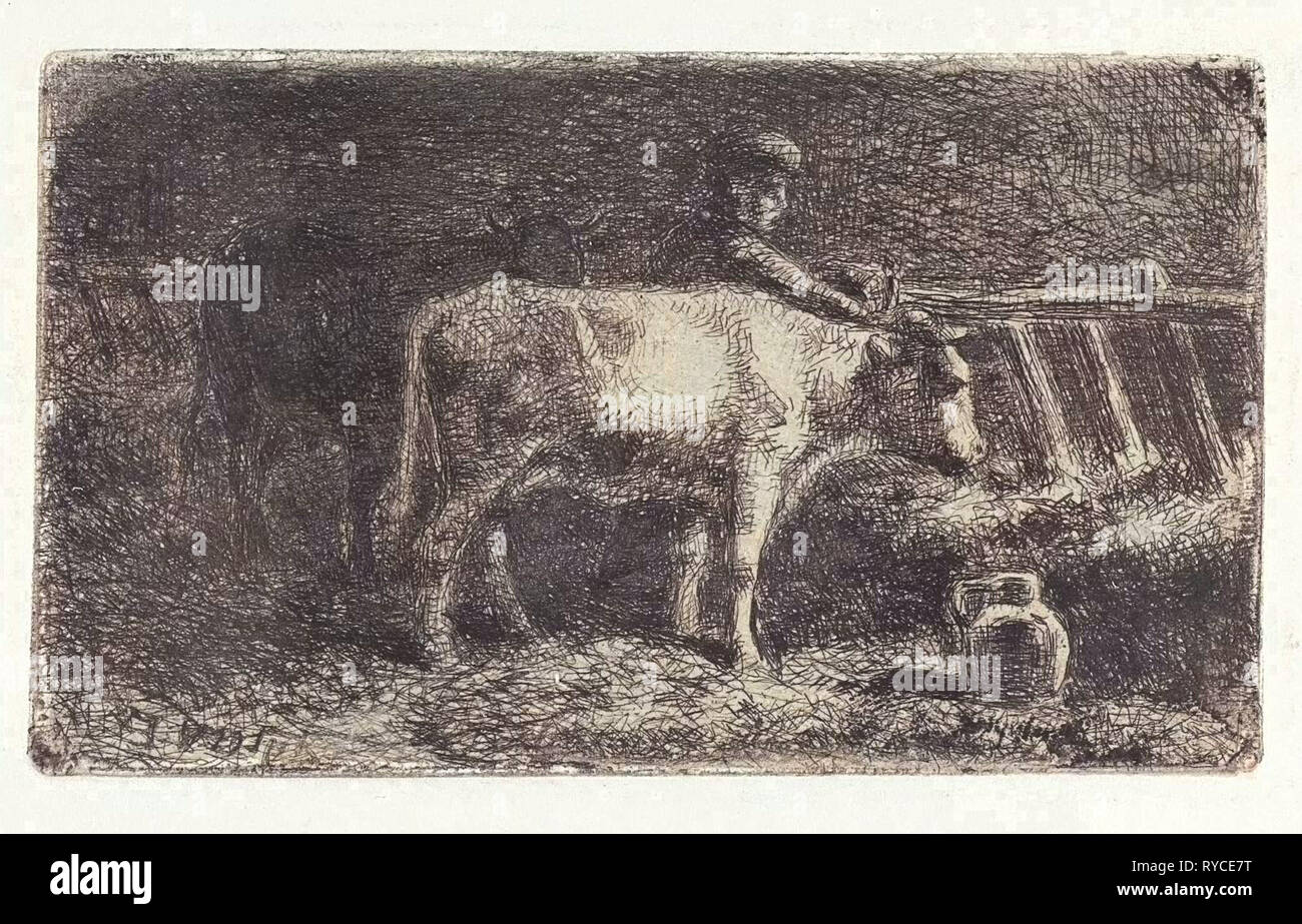 Farmer entre deux vaches dans une mangeoire dans une étable (petite version), Jan Vrolijk, 1860 - 1894 Banque D'Images