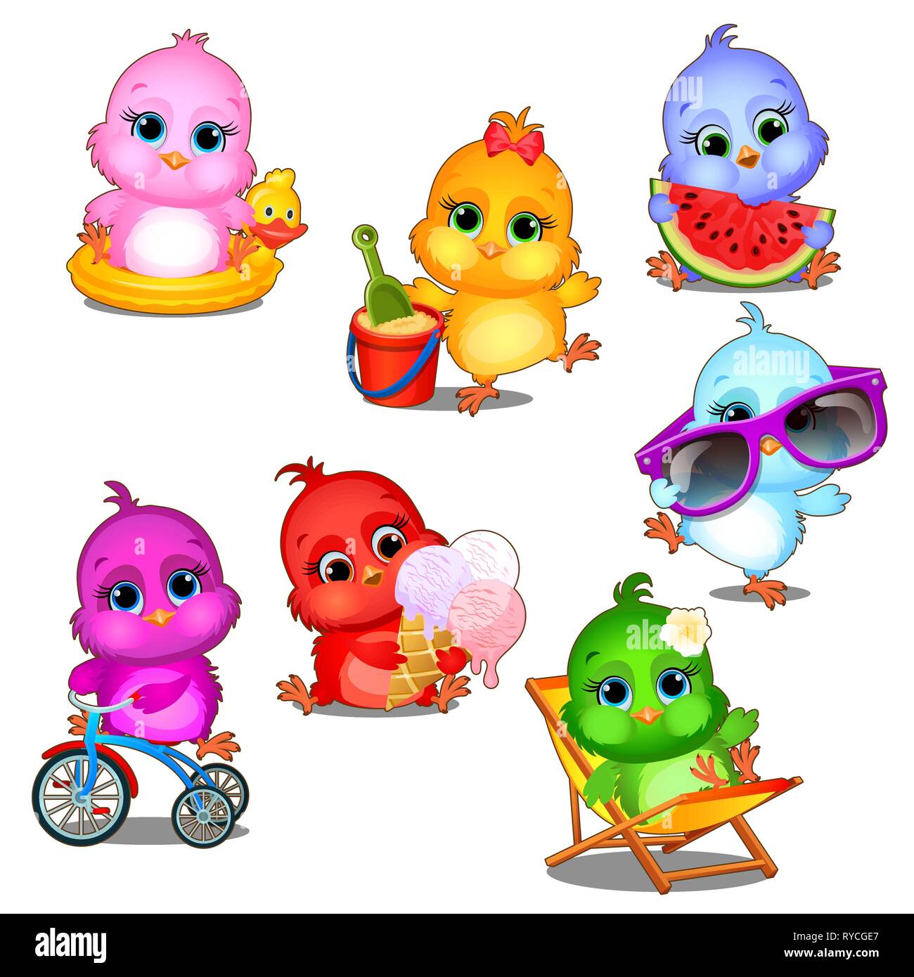 Un ensemble d'adorables petits poussins multicolores s'amusant isolé sur fond blanc. Cartoon Vector illustration close-up. Illustration de Vecteur