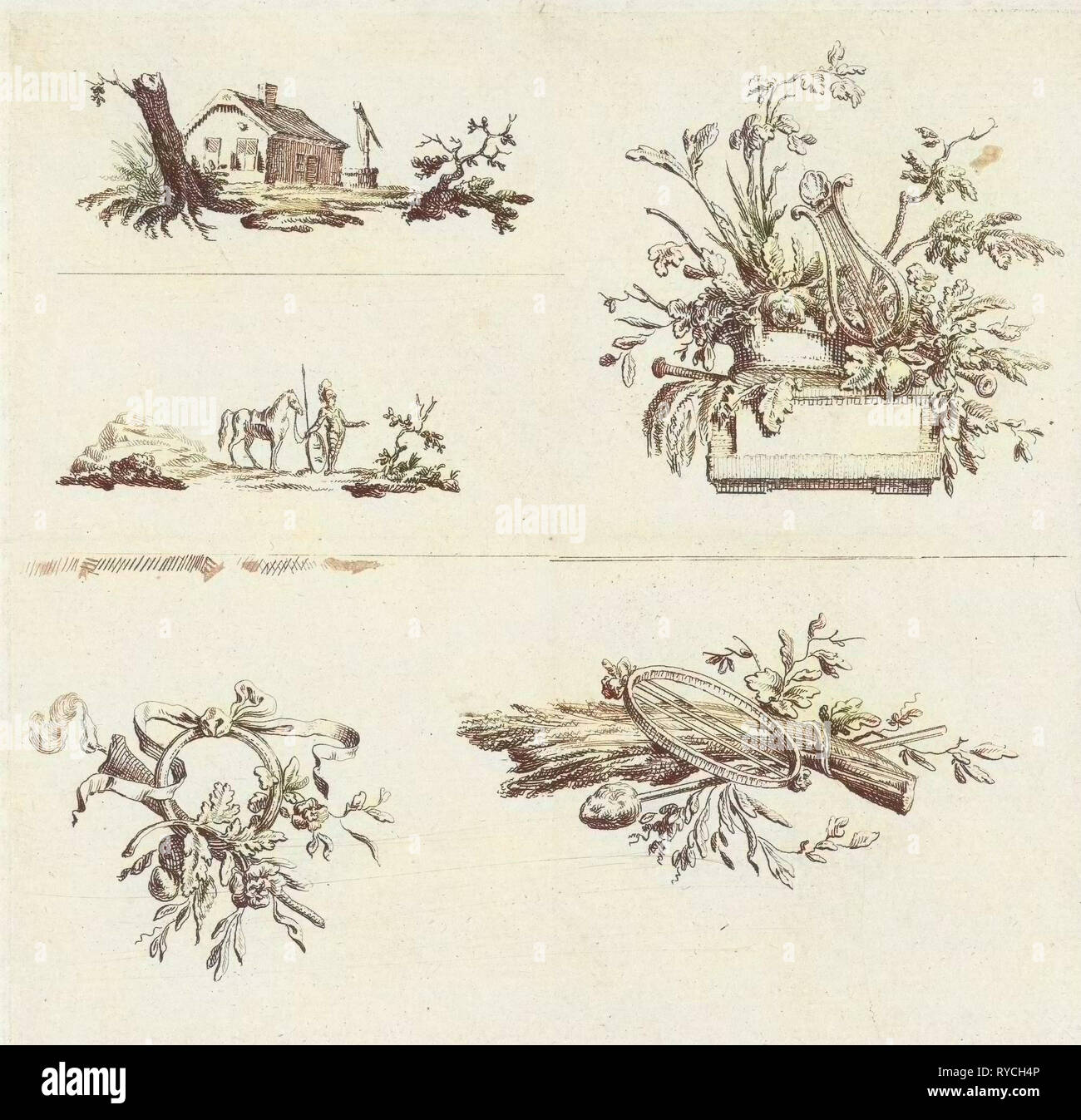 Journal officiel avec cinq vignettes, Willem Locanda Maggiore, 1766 - 1785 Banque D'Images