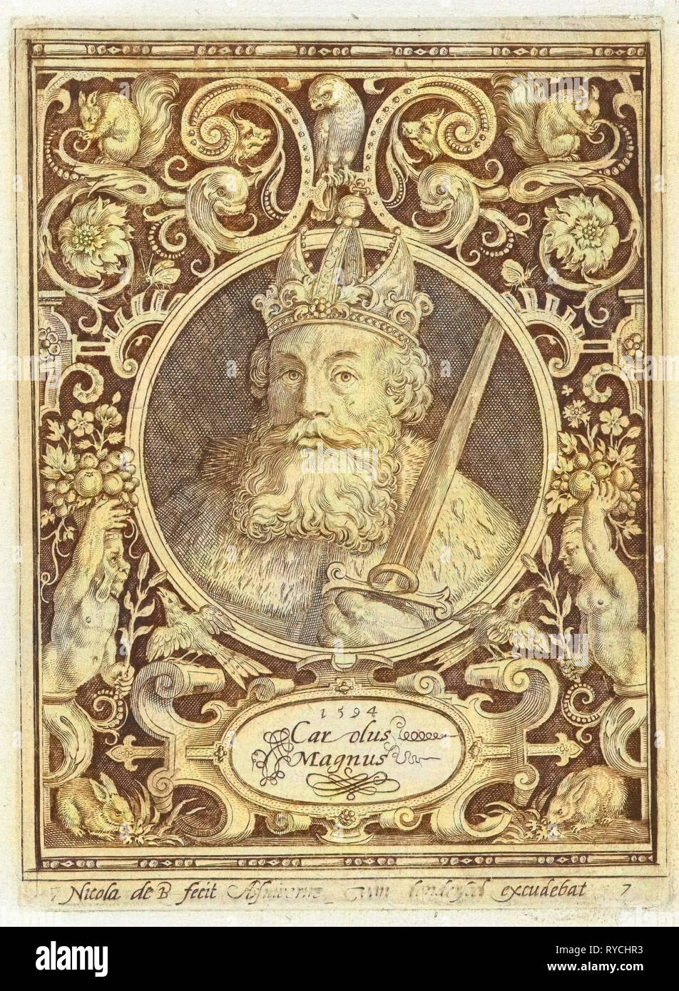 Portrait de Charlemagne en médaillon à l'intérieur de cadre rectangulaire avec des ornements, Nicolaes de Bruyn, Anonyme, 1594 Banque D'Images