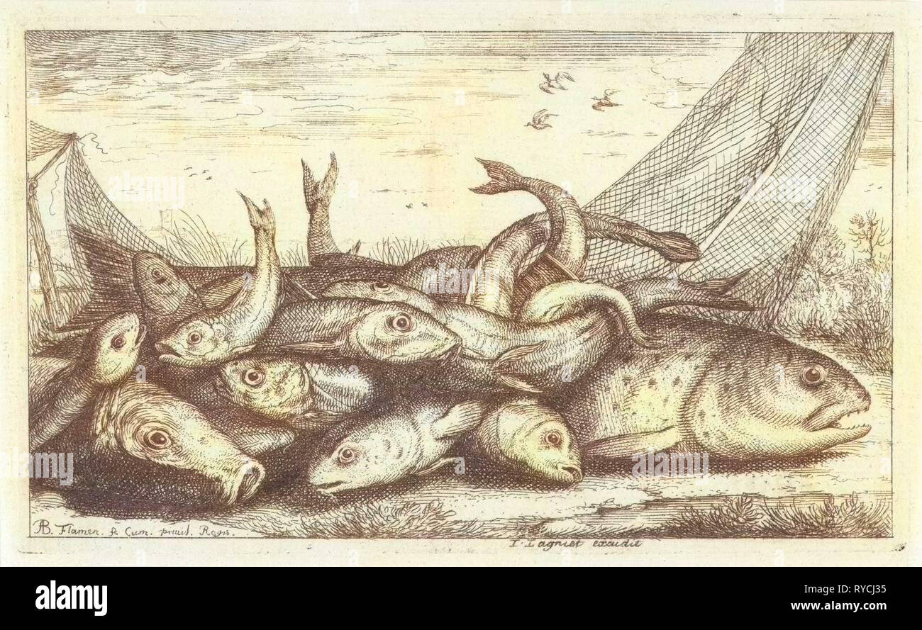 Sur l'herbe, poissons imprimer bouilloire : Albert Flamen, Jacques Lagniet, Lodewijk XIV koning van Frankrijk, 1648 - 1670 Banque D'Images