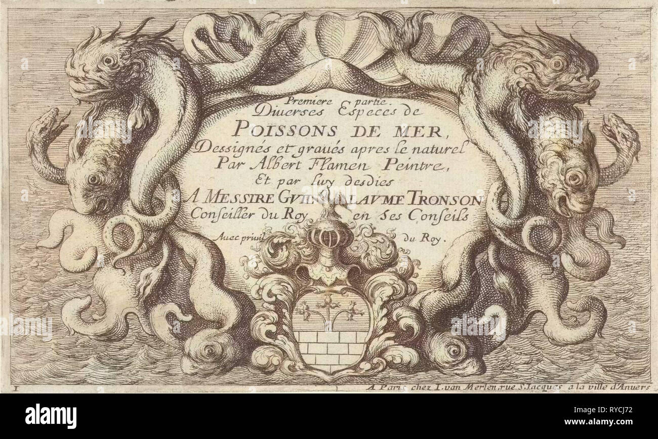 Cartouche en forme de coquille avec les créatures de la mer, Albert Flamen, 1664 Banque D'Images