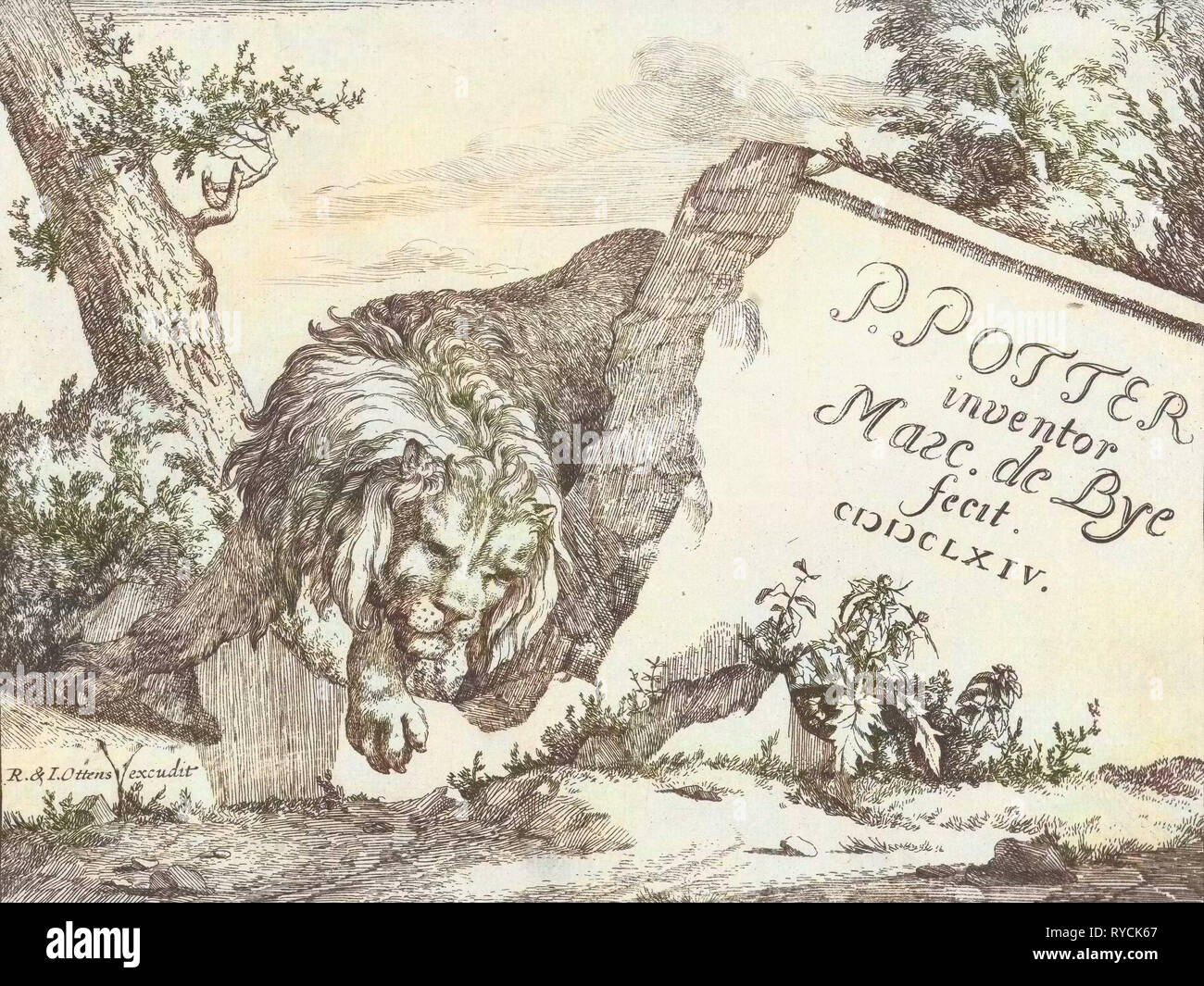 Lion au mur de pierre, Marcus de Bye, Reinier Josua Ottens, 1664 Banque D'Images