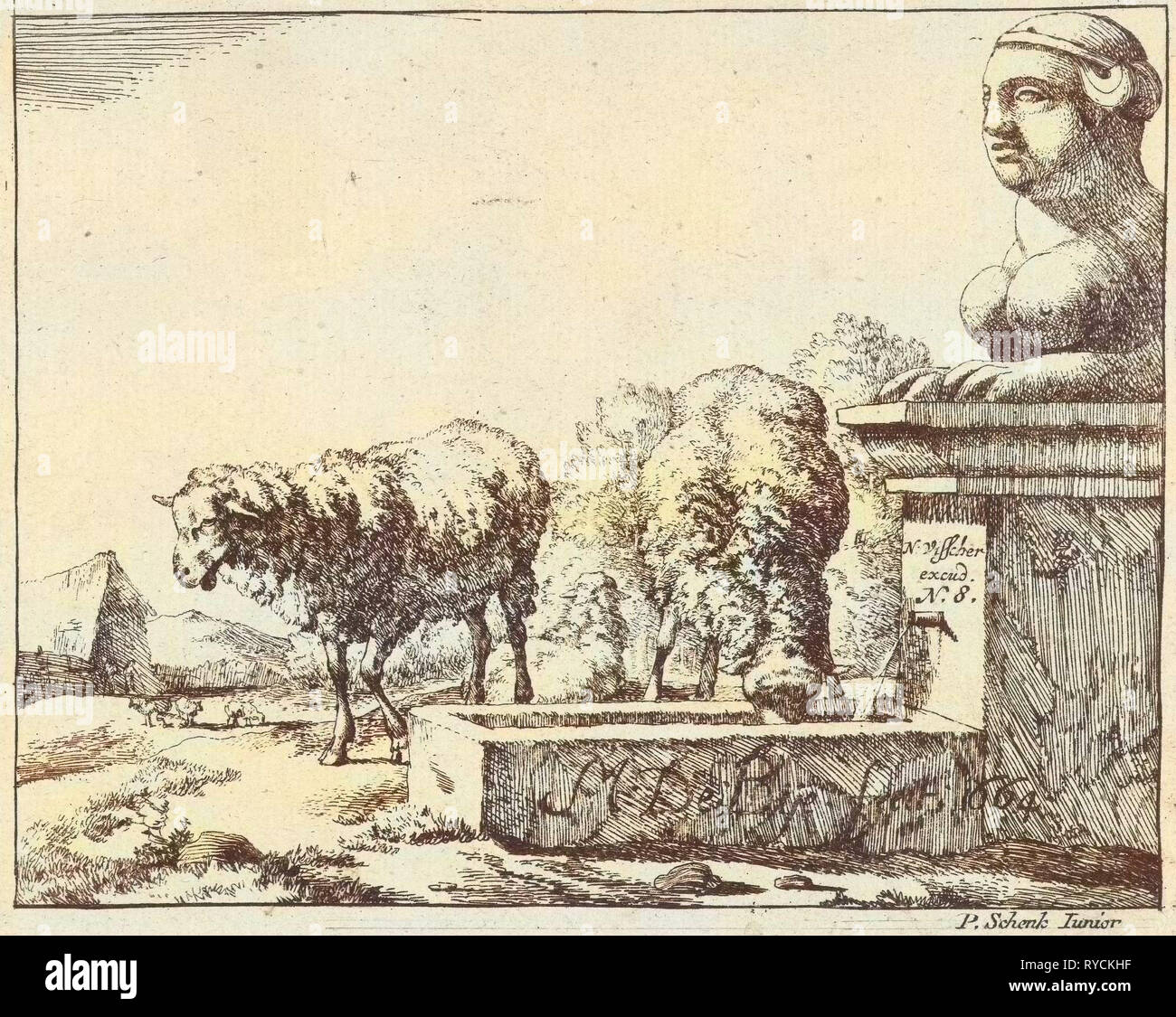 Deux moutons à un creux, Marcus de Bye, Pieter Schenk (II), Nicolaes Visscher (I), 1664 Banque D'Images