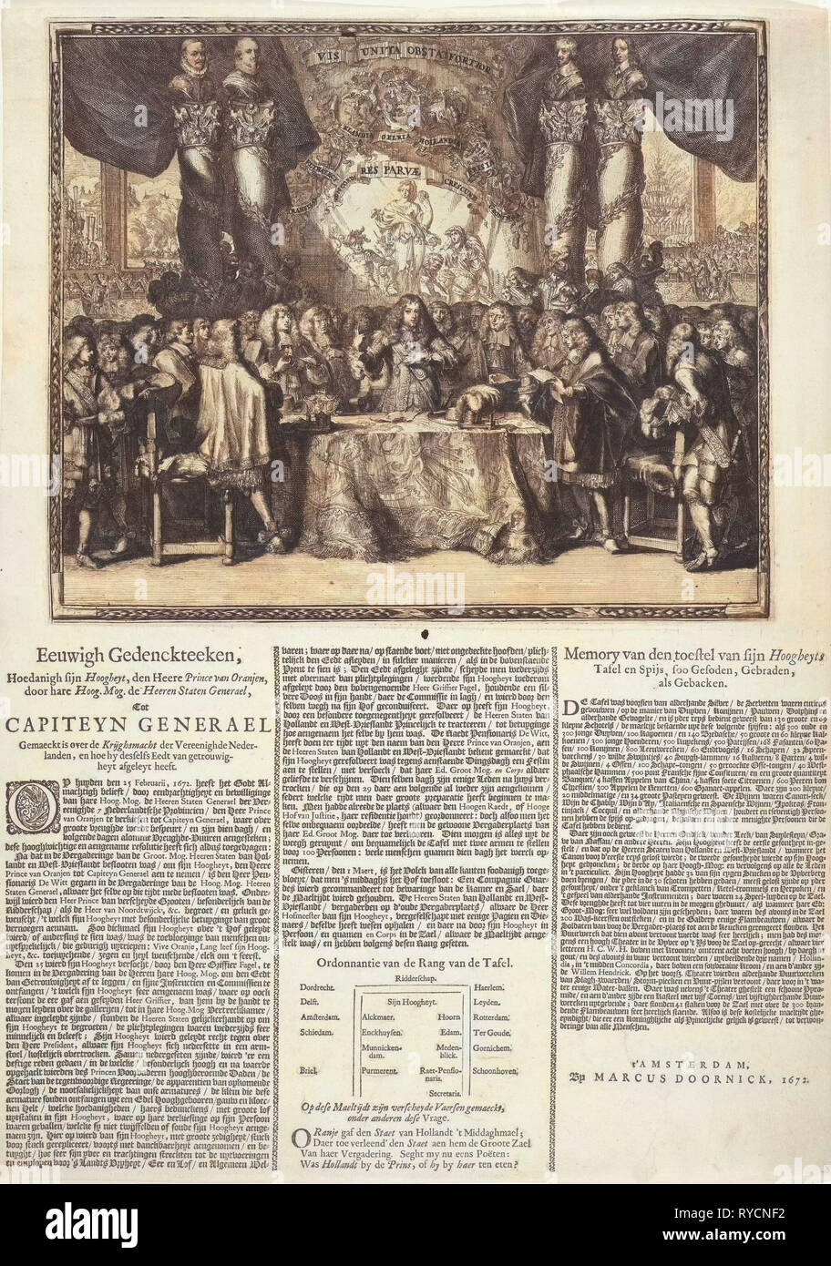 Présentation et description de la nomination du Prince William III en tant que capitaine-général de l'armée néerlandaise, le prince prend un serment de loyauté à l'enregistrement des Etats Généraux Gaspar Fagel, derrière pend un tissu avec une représentation de la Vierge Dutch dans le jardin hollandais, entre les colonnes avec portrait bustes de Willem van Oranje, Prins Maurits, Frederik Hendrik et Willem II, imprimer bouilloire : Romeyn de Hooghe (attribué à), datant de 1672 Banque D'Images