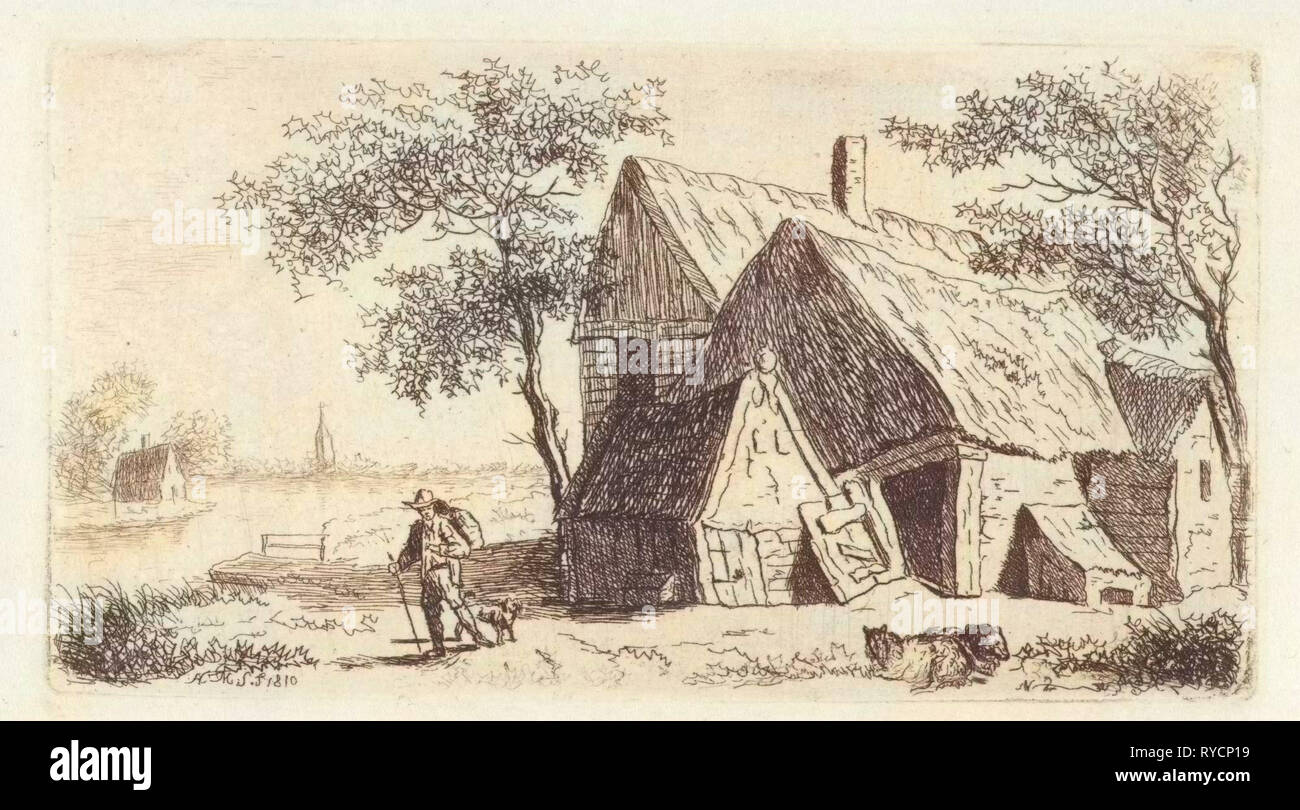 Homme avec chien dans une ferme sur l'eau, Hendrik Marcus Schouten, 1810 Banque D'Images