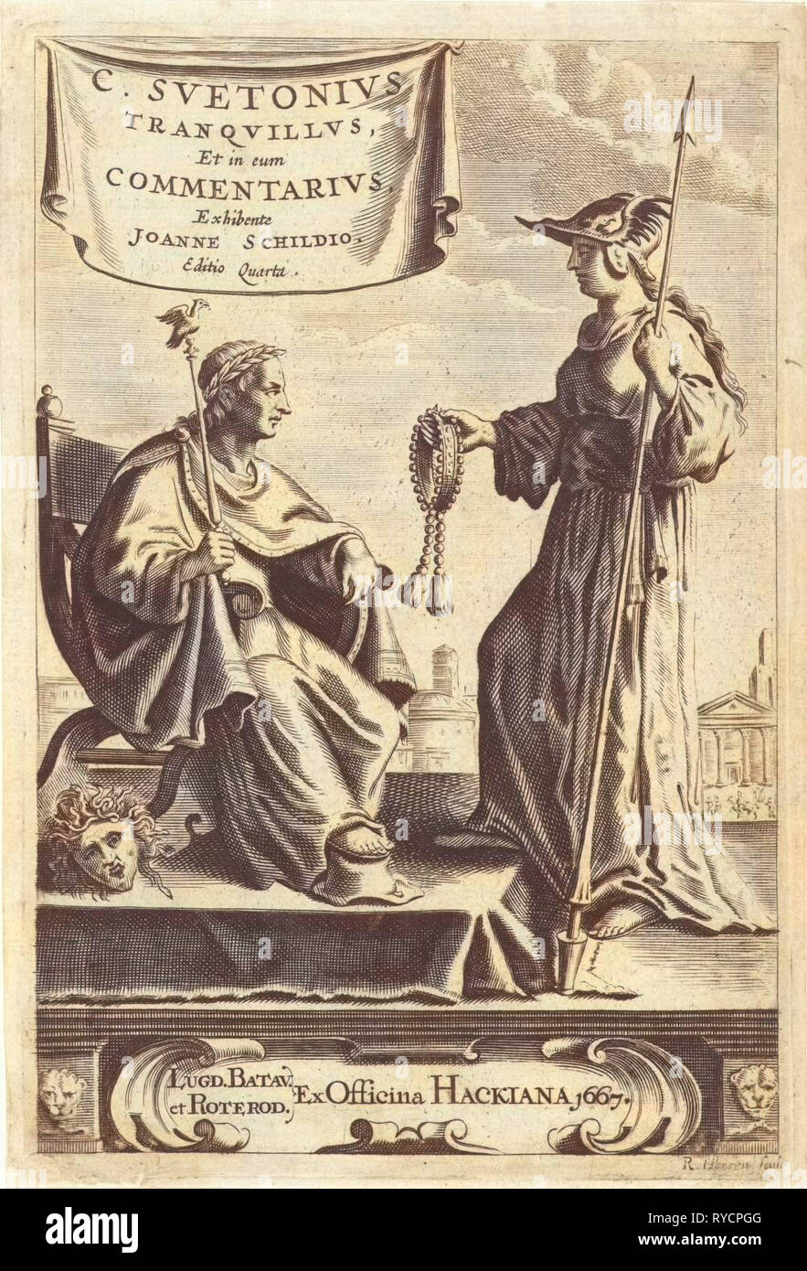 Sur un piédestal est un empereur sur son trône, à côté d'une tête de Méduse, le pied repose sur un top hat, dans sa main une tige sur laquelle un oiseau, Minerva lui offre une chaîne d'impression, bouilloire : Reinier van Persijn (mentionné sur l'objet), qui date 1667 Banque D'Images